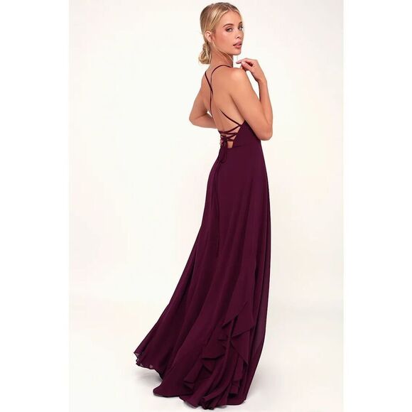 Lulus Lorenz Plum Purple Ruffled Lace-Up Maxi Dress Size M NWT - Picture 2 of 15